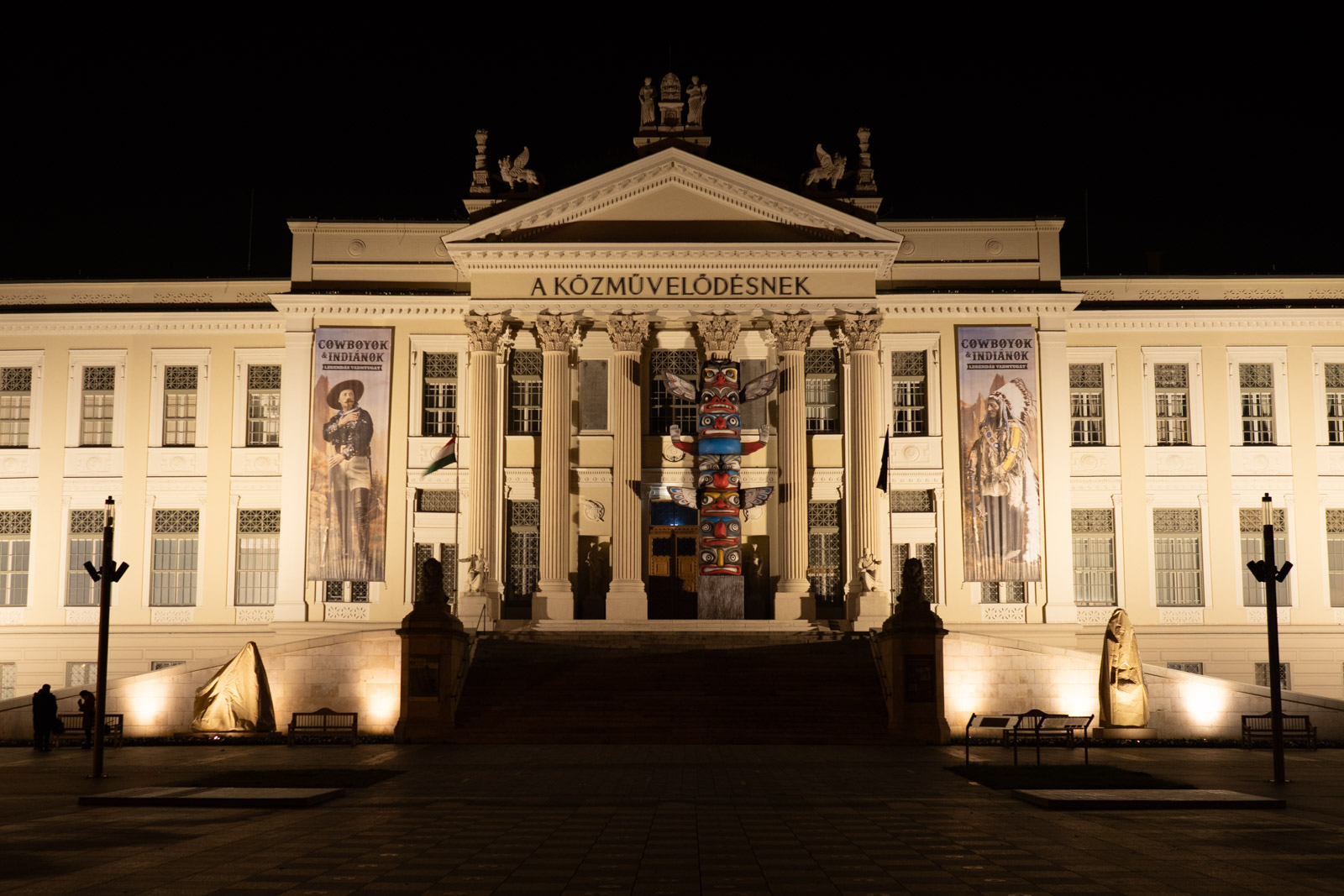 The facade of the Móra Ferenc museum in Szeged, Hungary, during the night